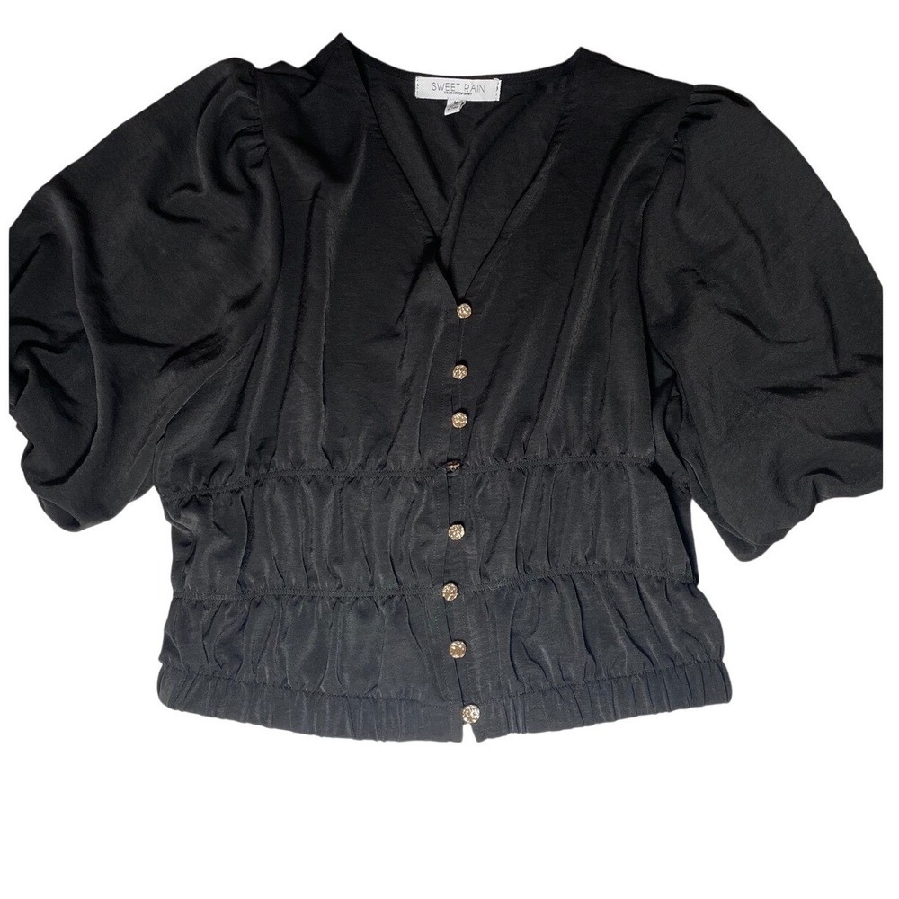 Sweet Rain Black Puff Sleeve V-Neck Smocked Waist Button Front Blouse T13840 M
